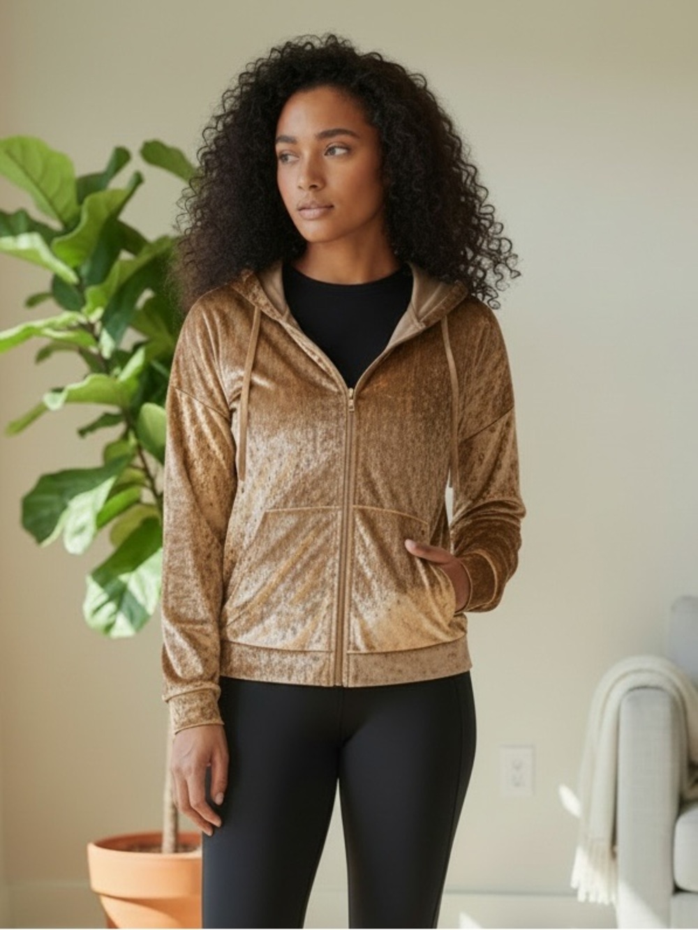 Fabletics Gold Velvet Zip-Up Hoodie